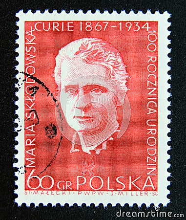 Postage stamp Poland, 1967. Marie SkÅ‚odowska Curie nobel prize Editorial Stock Photo